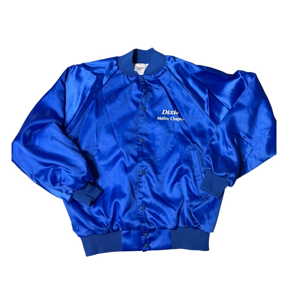 Vintage electric blue satin western bomber rodeo graphic statement jacket USA